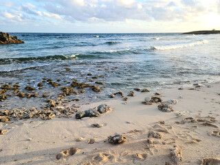 Rocky beach with waves.