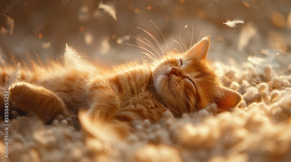 Poster fluffy kitten smiling and playing in soft feathers
