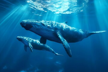 The blue whale swims gracefully across the sea with the calf, and the sunlight moves across the ocean