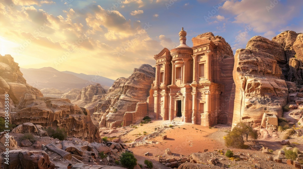 Aufkleber a picturesque view of the ancient city of petra with its sandstone cliffs and carved rock temples un