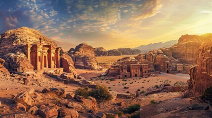 A picturesque view of the ancient city of Petra with its sandstone cliffs and carved rock temples...