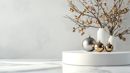 Modern white podium, minimalistic Christmas decor, silver and gold ornaments, sleek holiday elegance