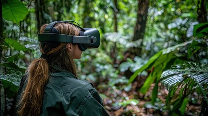 Fototapeta premium Conservationists use VR headsets to explore a virtual rainforest environment, identifying areas impacted by deforestation and planning restoration projects without disturbing the existing ecosystem 