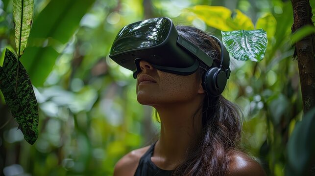 Conservationists use VR headsets to explore a virtual rainforest environment, identifying areas impacted by deforestation and planning restoration projects without disturbing the existing ecosystem 