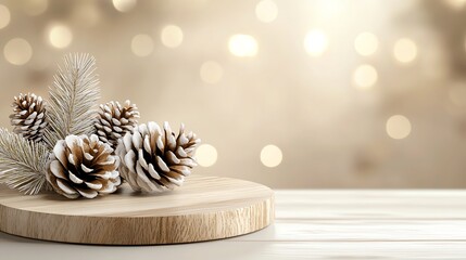 Sleek podium with frosted pine cones, glittering lights, minimalistic holiday setting