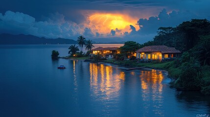 Fototapeta premium A row of waterfront homes with lights on against a stormy sky with lightning.