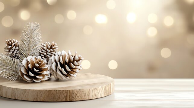 Sleek podium with frosted pine cones, glittering lights, minimalistic holiday setting
