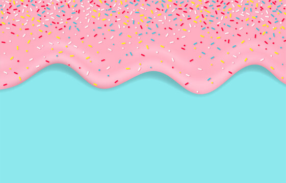 Dripping pink sweet donut glaze vector background, Colorful sprinkles banner background