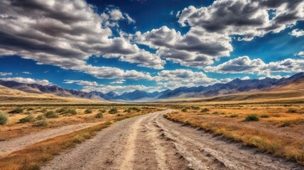 The Dusty Dirt Track Road. Highway in to the mountains, with blue skies and clouds. Ideal Desktop background or Wallpaper.