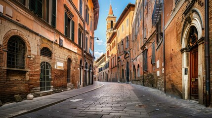 Obraz premium A picturesque view of the charming streets and medieval architecture of Siena with its historic buildings and quaint alleyways, urban setting with warm browns and muted greens, Siena style