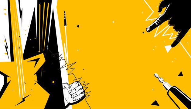 Party music decorations with rock and roll instruments on black background design template for a music festival banner or concert poster.
