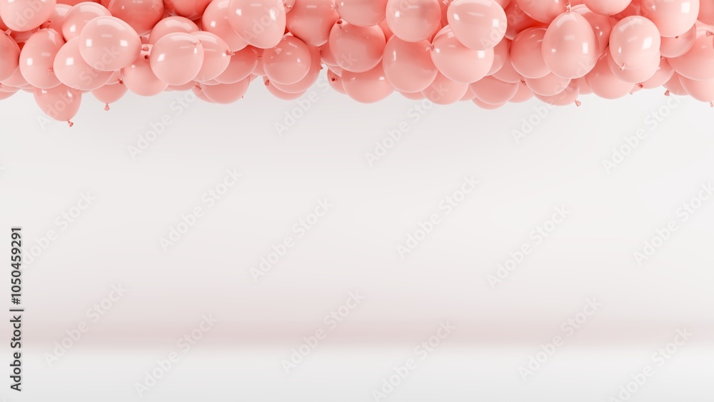Poster pink color of balloons group up floating on white background studio for copy space. 3d rendering. mi