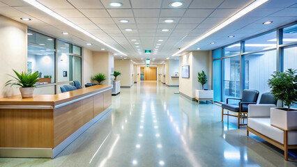 Obraz premium spacious corridor with a view of waiting areas on either side A glimpse into the calm efficiency of a healthcare facility.