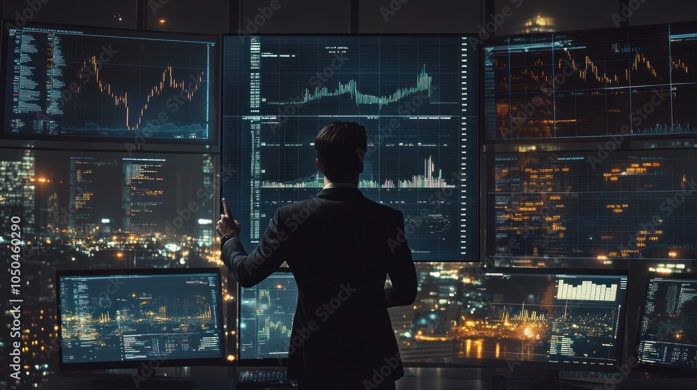 Poster a professional analyzing data on multiple screens in a high-tech office overlooking a city.