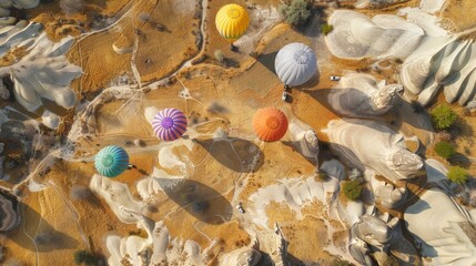 Fototapeta premium A picturesque view of the colorful hot air balloons soaring over the surreal landscapes of Cappadocia with rock formations and morning light, ballooning setting with vibrant colors and rugged browns