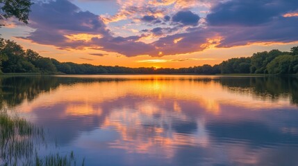 Obraz premium Sunset reflecting on calm lake water.