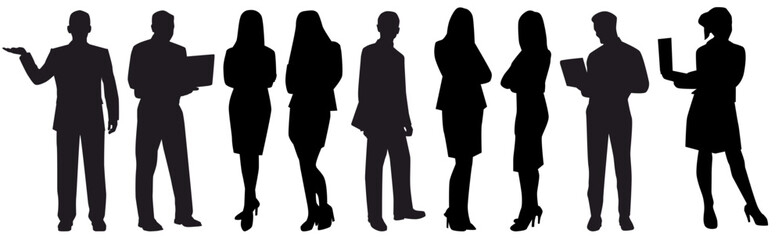 Collection of business people. silhouette, Businessman and woman standing in pose on isolated white background.