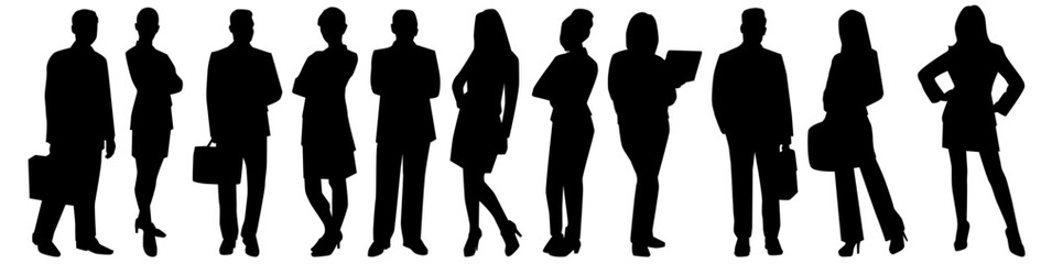 Collection of business people. silhouette, Businessman and woman standing in pose on isolated white background.