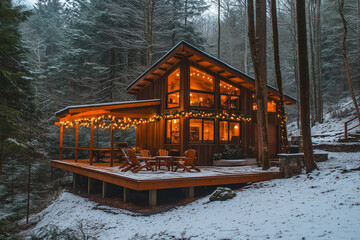 Cozy Cabin with Warm Lights Surrounded by Fir Trees and Snow, Christmas Tree in Window under a...