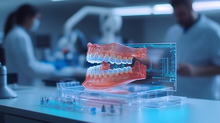 A holographic graphic denture displayed on a laboratory table, set against a background of a lab environment with medical professionals at work.