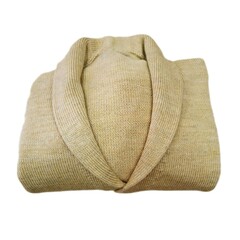 Beige wool cardigan with button closure folded, isolated on white background