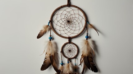 Dreamcatcher with feathers hanging on a white background wall.