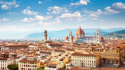 Obraz premium A picturesque view of the historic city of Florence with its iconic Duomo and Renaissance architecture under a clear, blue sky and vibrant cityscape, historic setting with rich colors