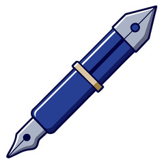 A cartoon illustration of a classic fountain pen, featuring a blue barrel, gold trim, and a detailed nib. Perfect for stationery-themed projects, school supplies.