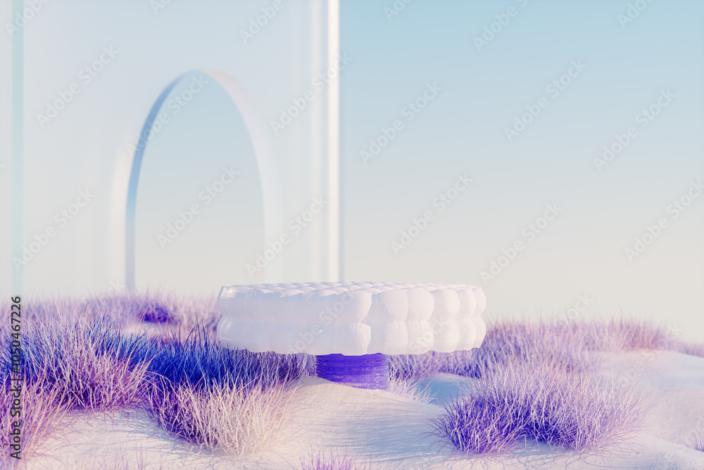 Poster abstract winter landscape scene with a podium for product display. 3d rendering