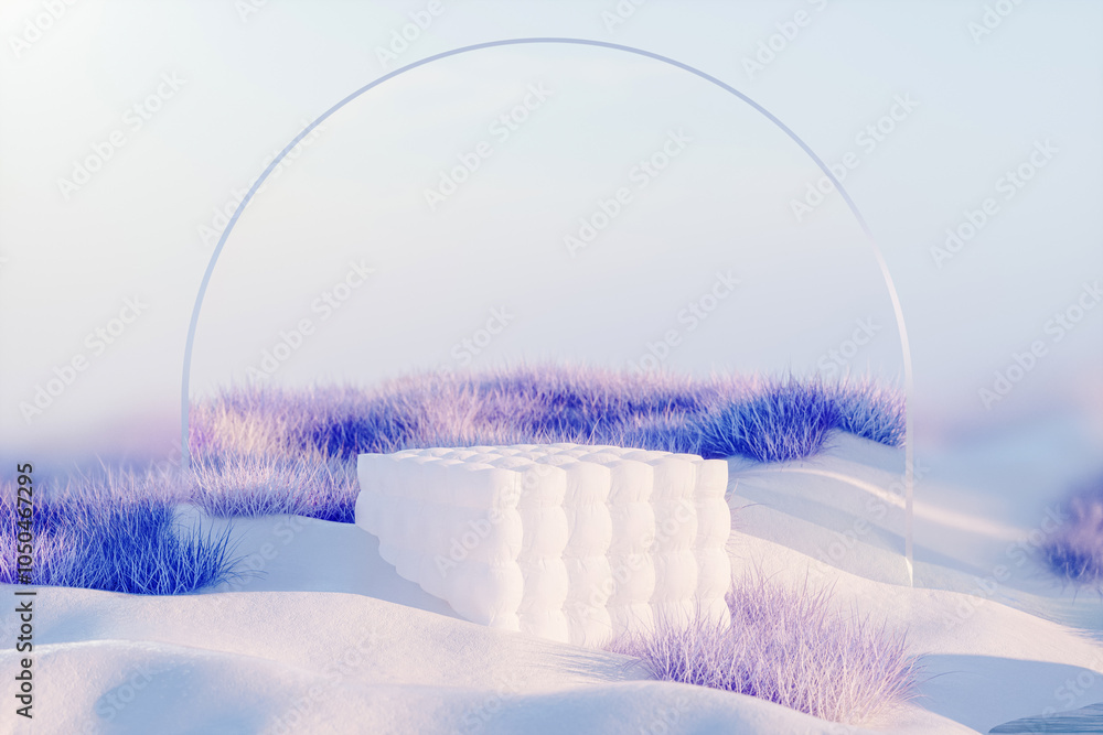 Poster abstract winter landscape scene with a podium for product display. 3d rendering