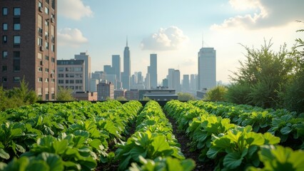 Fototapeta premium Breathtaking Urban Rooftop Garden with a Skyline Backdrop