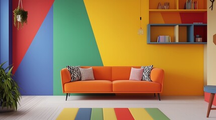 Colorful color block painting wall interior design, fun bright style, modern living room, sofa, couch, furniture, rug