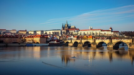 Fototapeta premium A picturesque view of the historic streets and medieval architecture of Prague with its iconic castle and Charles Bridge spanning the Vltava River, historic setting with warm, earthy tones