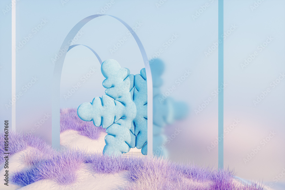 Poster abstract winter landscape scene with a snowflake. 3d rendering