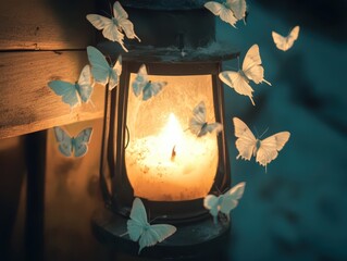 A soft glow from a lantern attracts delicately fluttering white moths, creating a serene and enchanting nighttime atmosphere.