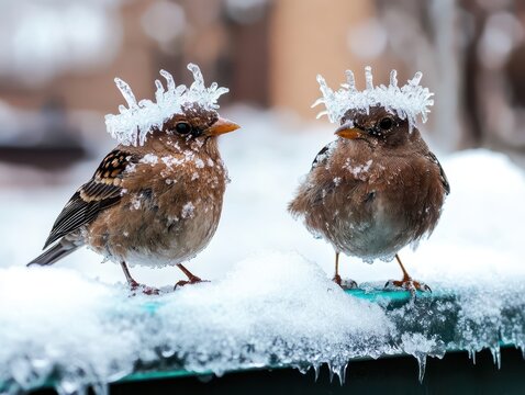Two birds perched on a snowy surface, adorned with icicles on their heads, creating a whimsical winter wonderland scene.
