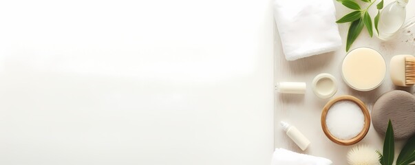 A serene flat lay of spa essentials and white flowers on a white wooden surface.