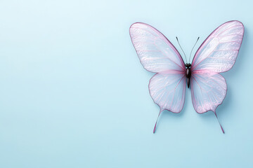 Fototapeta premium Delicate butterfly with translucent wings on soft blue background, showcasing intricate details and serene beauty that captivates viewers attention
