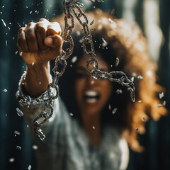 A close-up shot of brown-skinned woman's clenched fists breaking free from metal shackles, chains scattering mid-air, capturing the powerful moment of liberation against oppression.
