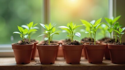 Fototapeta premium Nurturing Growth: Organic Seedlings in Terracotta Pots