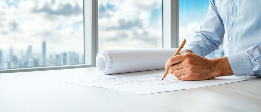 Architect analyzing innovative blueprint against cityscape window for modern design development