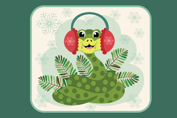 Cute Christmas snakewith bunch of fir. Funny postcard. Vector.