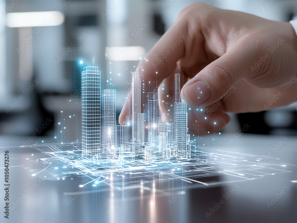Poster innovative architect showcases digital blueprint to client merging technology and design in modern u