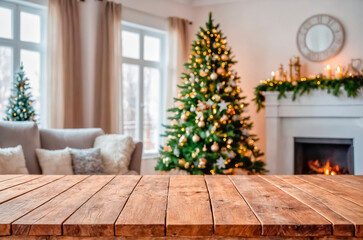 Empty wooden table on the background of a bright cozy living room with a fireplace and a Christmas tree