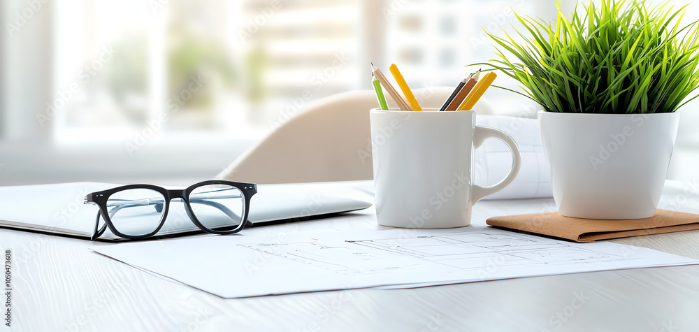 Poster an inspiring architect's desk featuring blueprints stationery and greenery in a modern workspace set