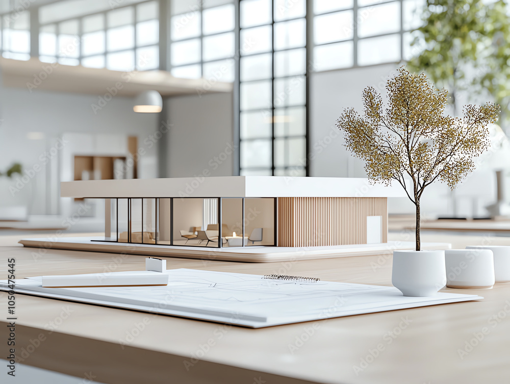 Poster modern architects workspace showcasing detailed blueprints and intricate models in a bright open env