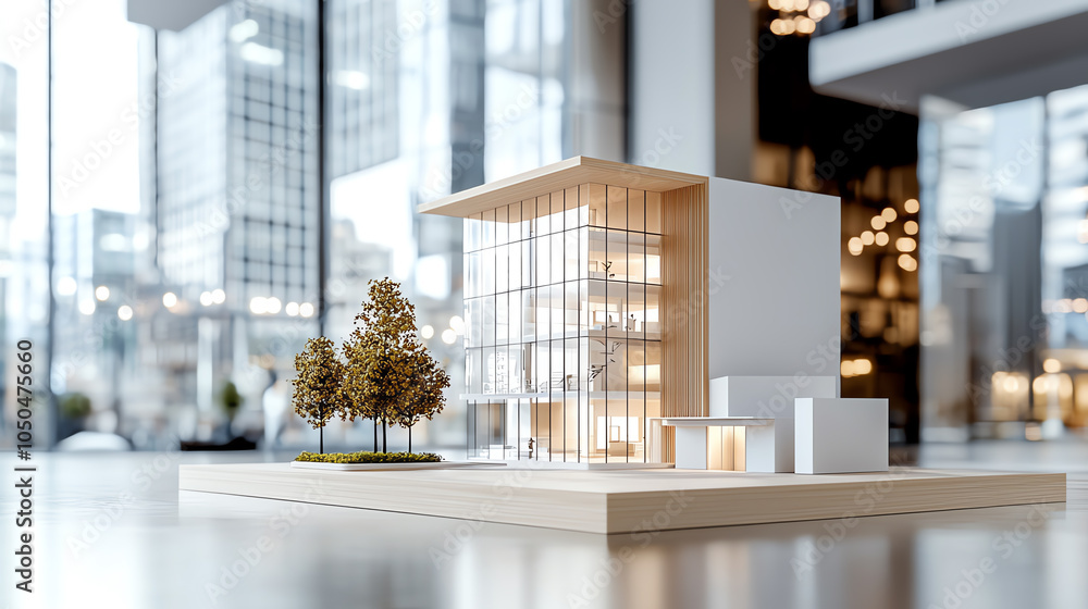Poster exploring innovative architectural design a stunning model alongside its blueprint on display in a m