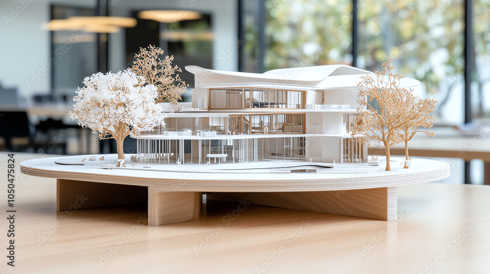 Poster innovative architectural model and blueprint displaying modern design concepts on a contemporary tab