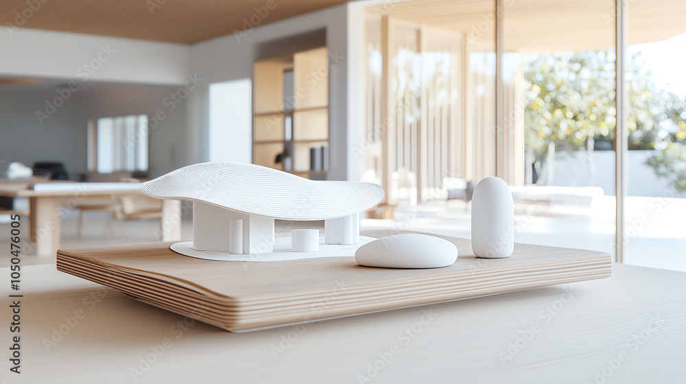 Poster modern architectural model and blueprint displayed on a table in a bright open space with natural li