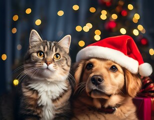 cat and dog and christmas decorations